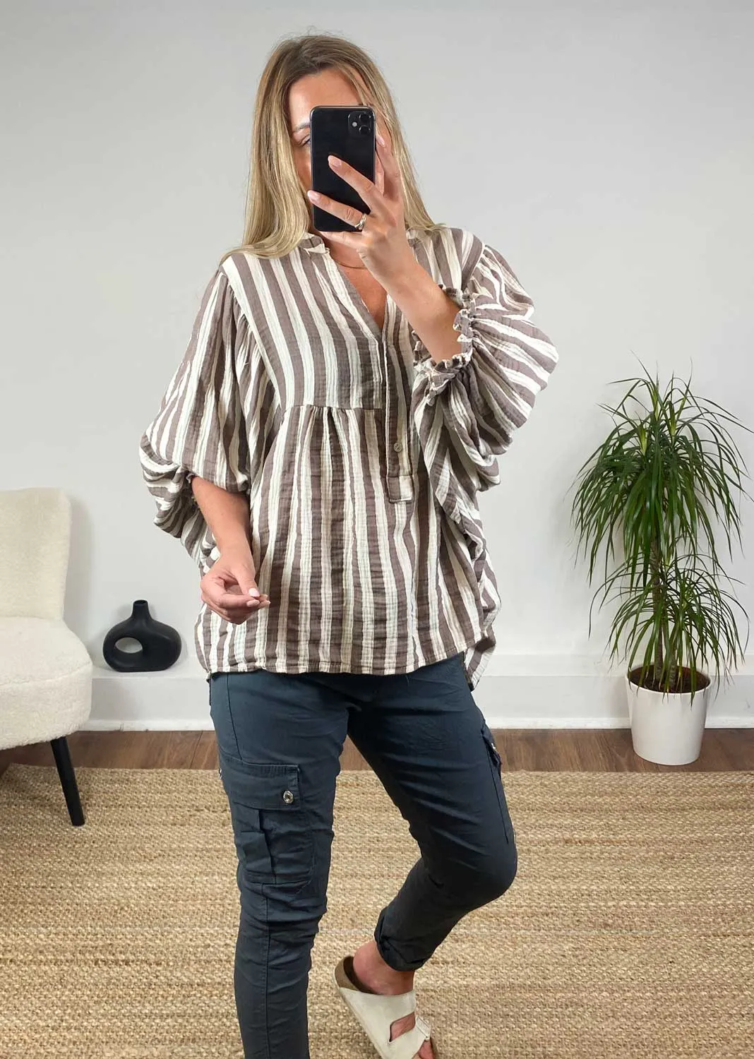 Vintage Stripe Cheesecloth Tunic in Mocha