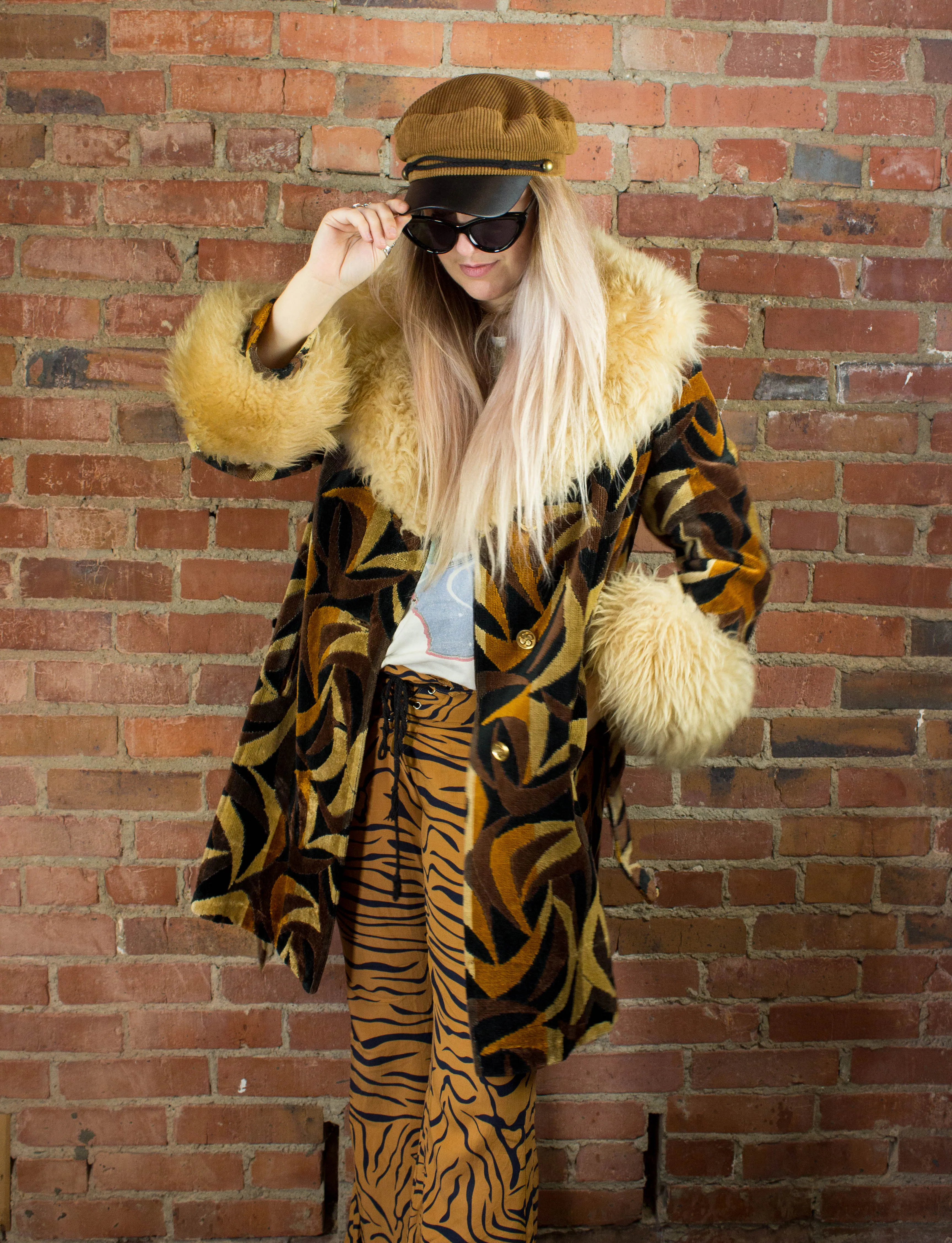 Vintage Women's 70s Penny Lane Patterned Faux Fur Coat Small