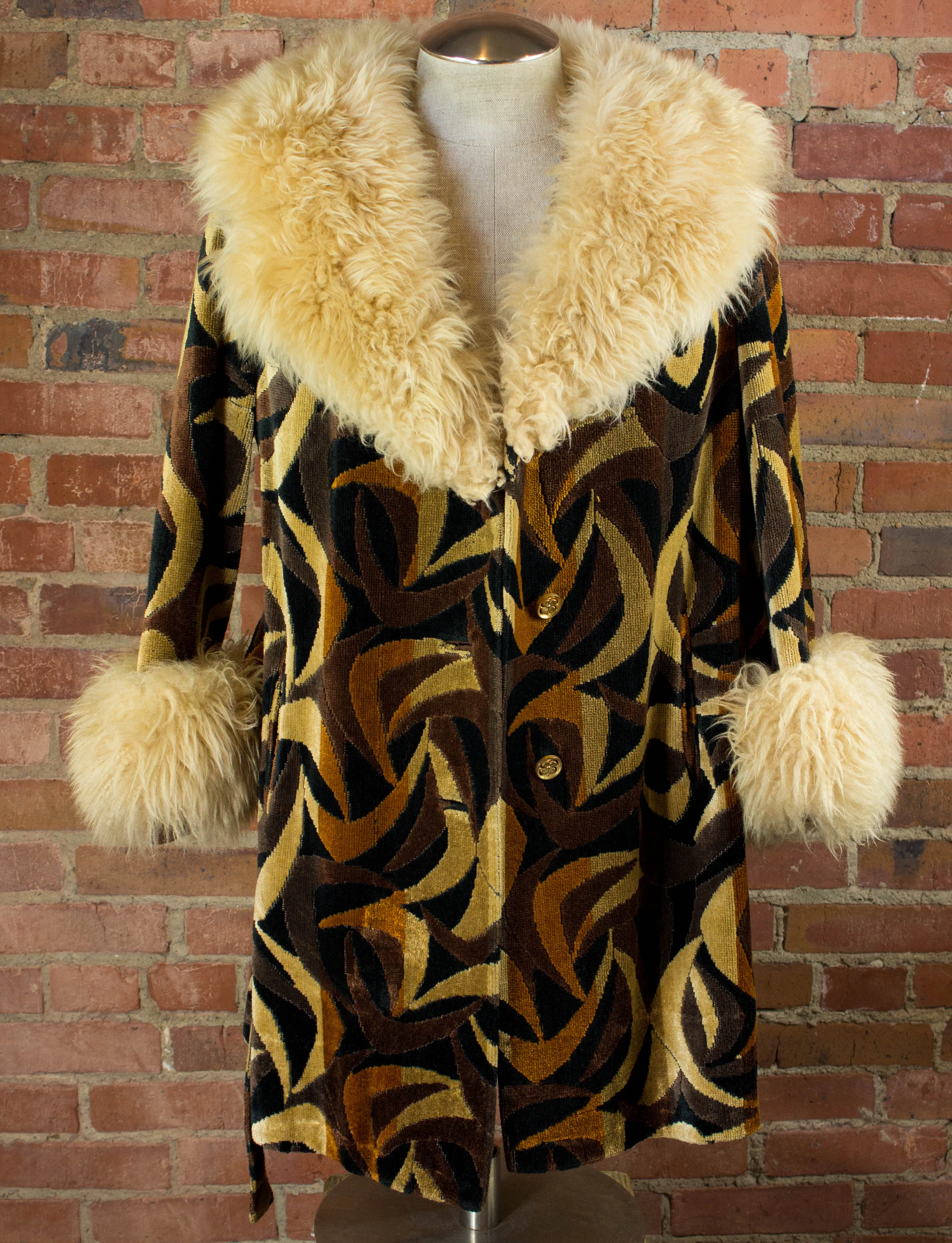 Vintage Women's 70s Penny Lane Patterned Faux Fur Coat Small