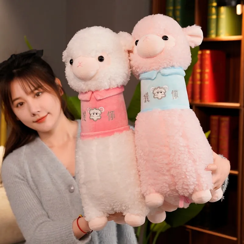 White Pink Fluffy Alpaca Plushie Toys