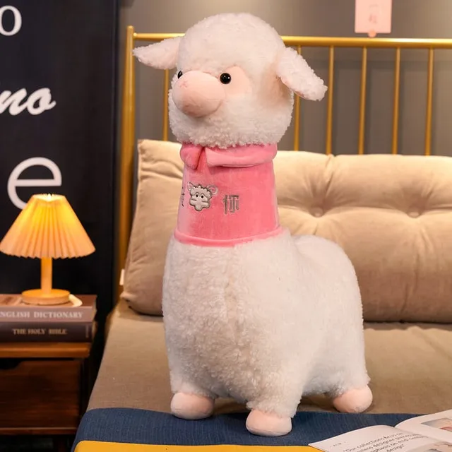 White Pink Fluffy Alpaca Plushie Toys