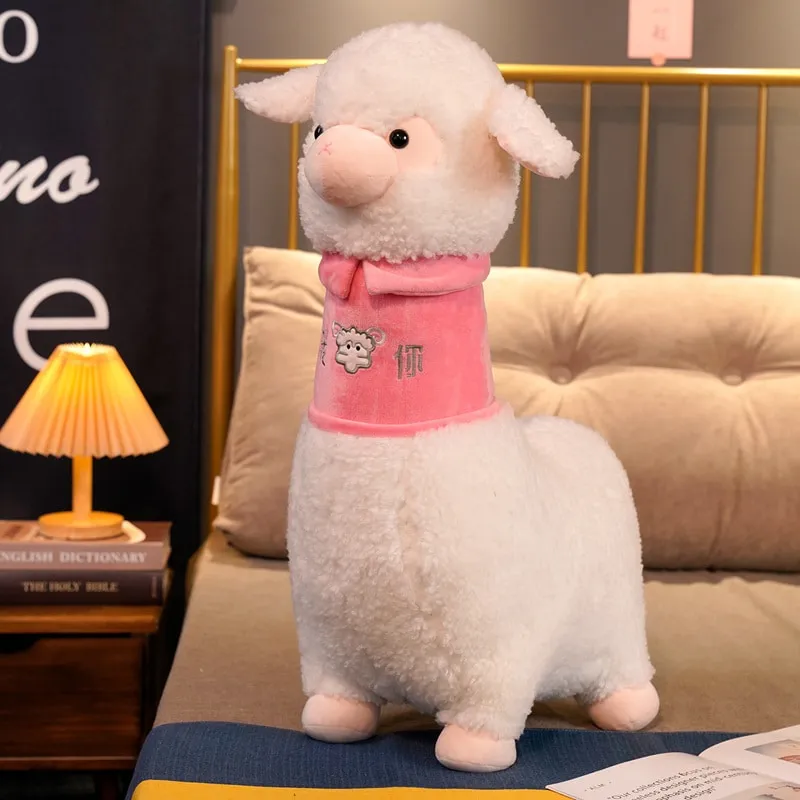 White Pink Fluffy Alpaca Plushie Toys