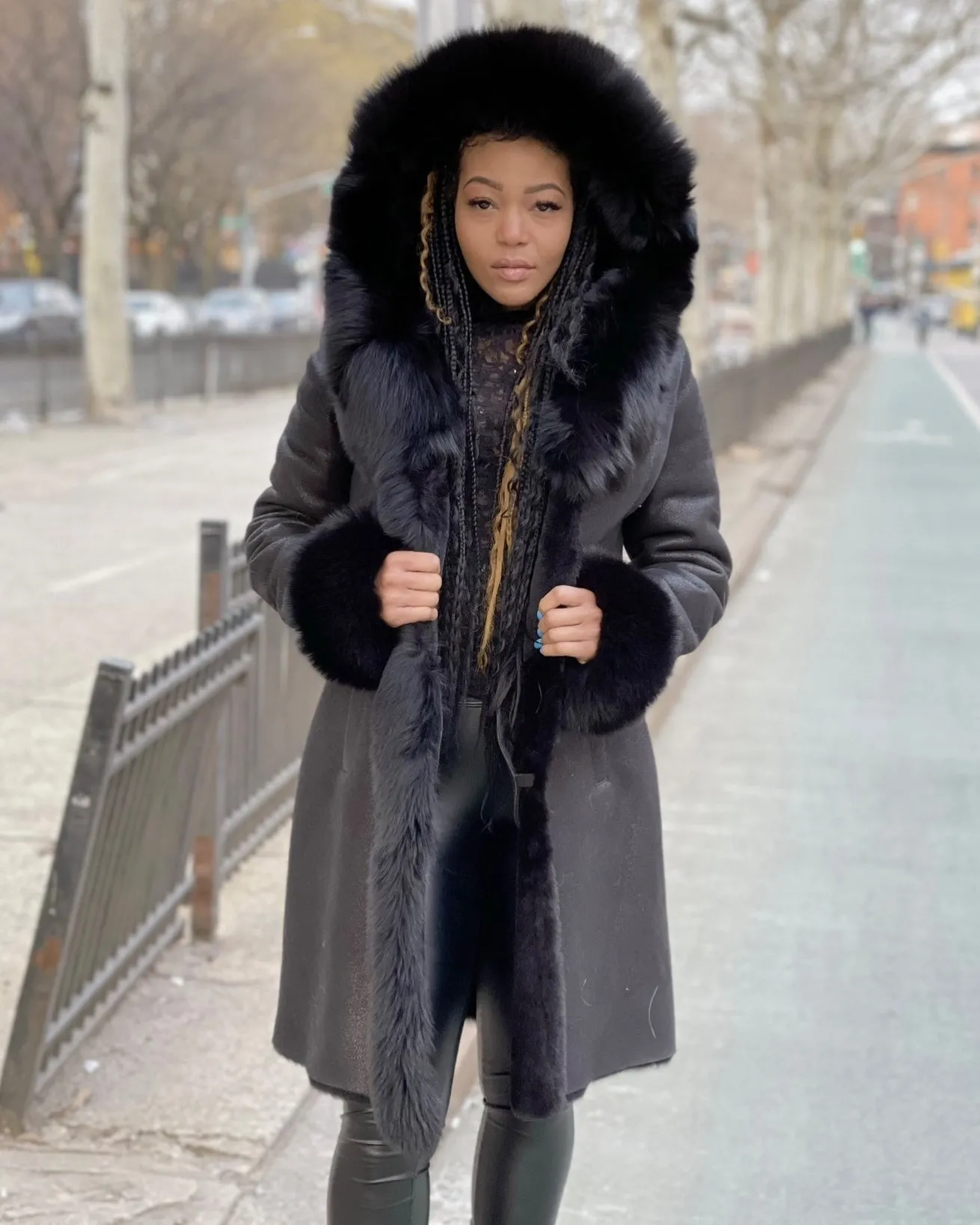 WOMEN SHEARLING- 3/4 LONG BLACK SHEARLING WITH BLACK FOX FUR AND HOOD