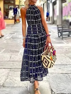 Women's Casual Dress A Line Dress Summer Dress Geometric Print Halter Long Dress Maxi Dress Fashion Streetwear Outdoor Street Sleeveless Loose Fit Navy Blue Summer Spring S M L XL XXL
