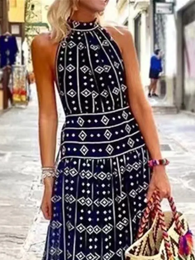 Women's Casual Dress A Line Dress Summer Dress Geometric Print Halter Long Dress Maxi Dress Fashion Streetwear Outdoor Street Sleeveless Loose Fit Navy Blue Summer Spring S M L XL XXL