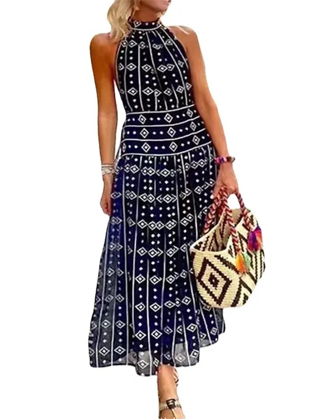 Women's Casual Dress A Line Dress Summer Dress Geometric Print Halter Long Dress Maxi Dress Fashion Streetwear Outdoor Street Sleeveless Loose Fit Navy Blue Summer Spring S M L XL XXL