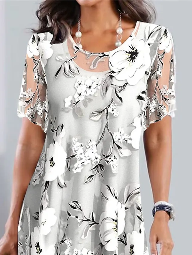 Women's Casual Dress Chiffon Dress Summer Dress Floral Print Crew Neck Midi Dress Fashion Streetwear Outdoor Daily Short Sleeve Regular Fit Gray Summer Spring S M L XL XXL