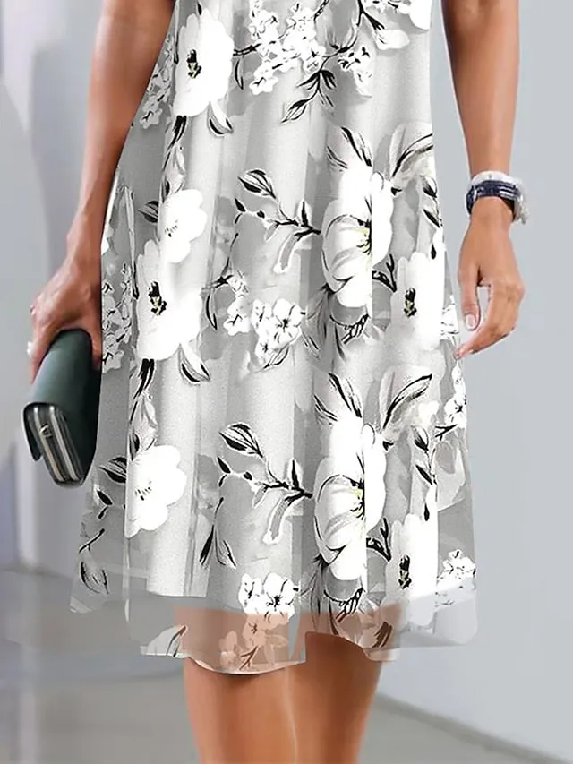 Women's Casual Dress Chiffon Dress Summer Dress Floral Print Crew Neck Midi Dress Fashion Streetwear Outdoor Daily Short Sleeve Regular Fit Gray Summer Spring S M L XL XXL
