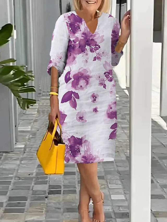 Women's Casual Dress Shift Dress Summer Dress Leaf Floral Print Split Neck Midi Dress Active Fashion Outdoor Daily Half Sleeve Regular Fit White Light Green Light Purple Summer Spring S M L XL XXL
