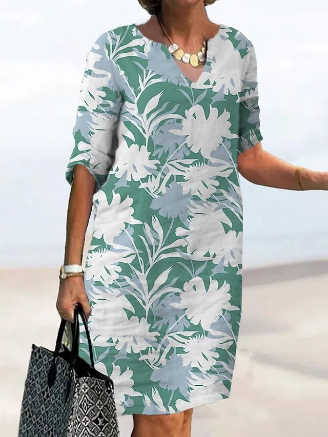 Women's Casual Dress Shift Dress Summer Dress Leaf Floral Print Split Neck Midi Dress Active Fashion Outdoor Daily Half Sleeve Regular Fit White Light Green Light Purple Summer Spring S M L XL XXL