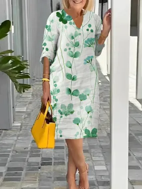 Women's Casual Dress Shift Dress Summer Dress Leaf Floral Print Split Neck Midi Dress Active Fashion Outdoor Daily Half Sleeve Regular Fit White Light Green Light Purple Summer Spring S M L XL XXL