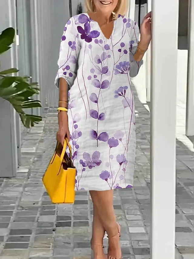 Women's Casual Dress Shift Dress Summer Dress Leaf Floral Print Split Neck Midi Dress Active Fashion Outdoor Daily Half Sleeve Regular Fit White Light Green Light Purple Summer Spring S M L XL XXL