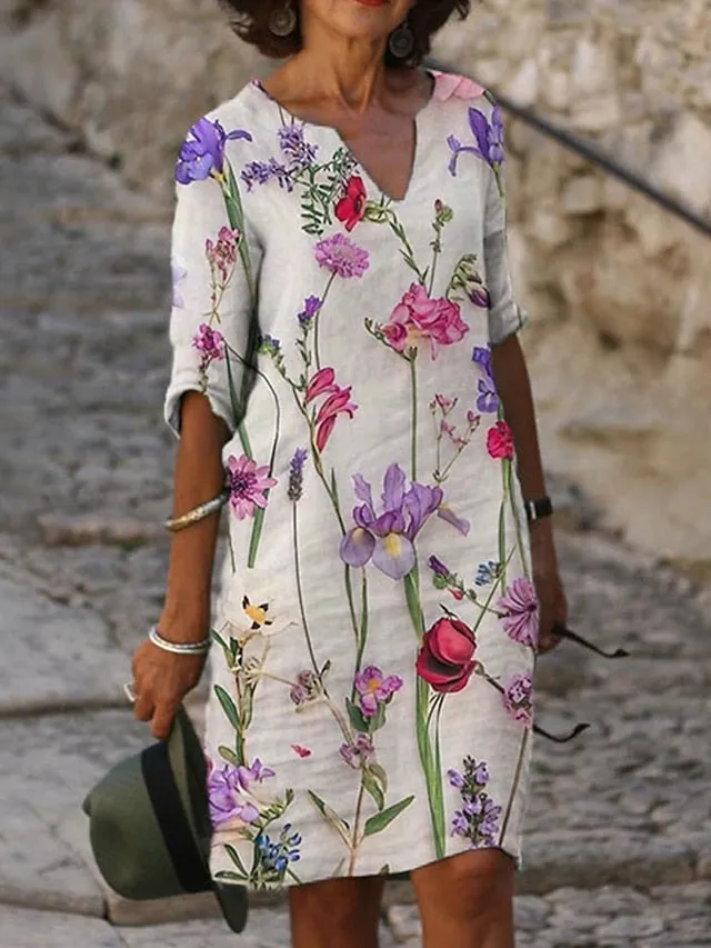 Women's Casual Dress Shift Dress Summer Dress Leaf Floral Print Split Neck Midi Dress Active Fashion Outdoor Daily Half Sleeve Regular Fit White Light Green Light Purple Summer Spring S M L XL XXL