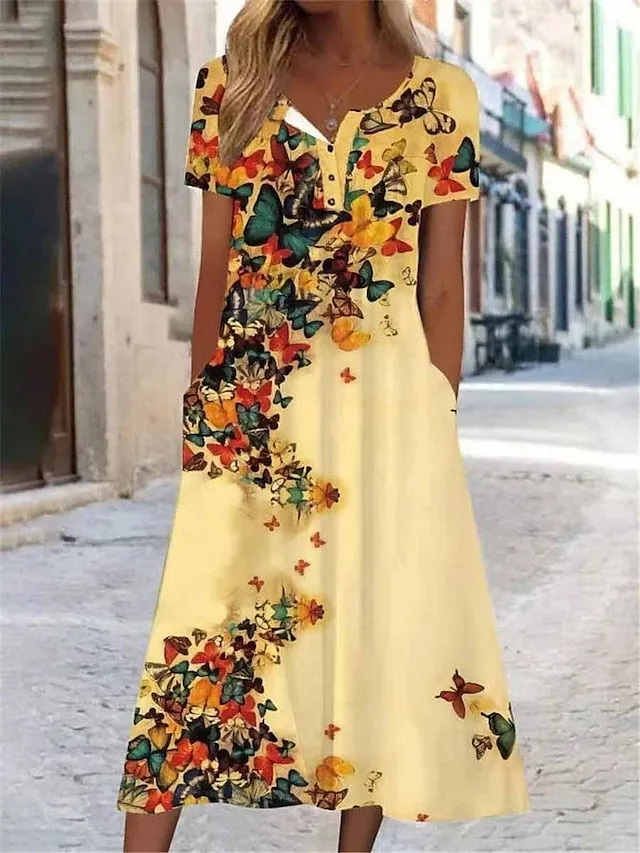 Women's Casual Dress Summer Dress Print Dress Floral Butterfly Ruched Button Split Neck Midi Dress Fashion Streetwear Outdoor Daily Short Sleeve Regular Fit Black White Yellow Summer Spring S M L XL