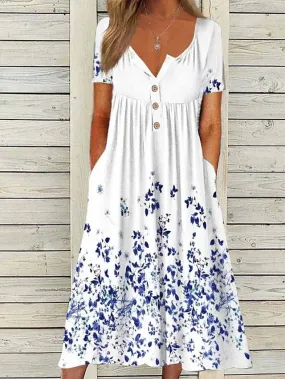 Women's Casual Dress Summer Dress Print Dress Floral Butterfly Ruched Button Split Neck Midi Dress Fashion Streetwear Outdoor Daily Short Sleeve Regular Fit Black White Yellow Summer Spring S M L XL