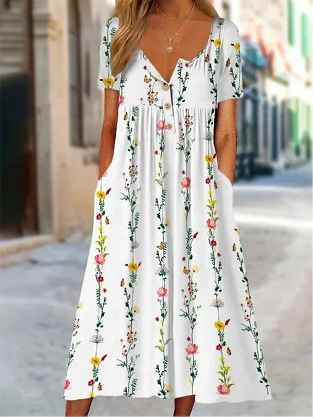 Women's Casual Dress Summer Dress Print Dress Floral Butterfly Ruched Button Split Neck Midi Dress Fashion Streetwear Outdoor Daily Short Sleeve Regular Fit Black White Yellow Summer Spring S M L XL