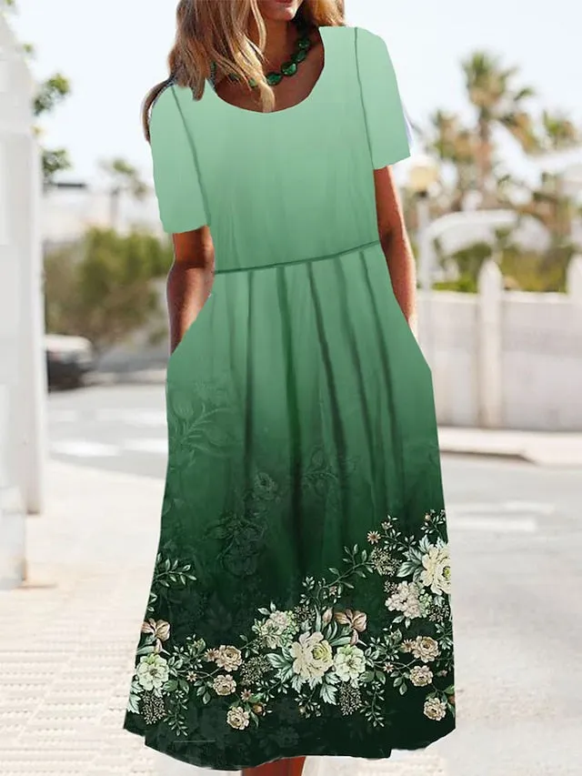 Women's Casual Dress Summer Dress Print Dress Floral Ombre Pocket Print Crew Neck Midi Dress Fashion Streetwear Outdoor Daily Short Sleeve Loose Fit Light Green Pink Blue Summer Spring S M L XL XXL