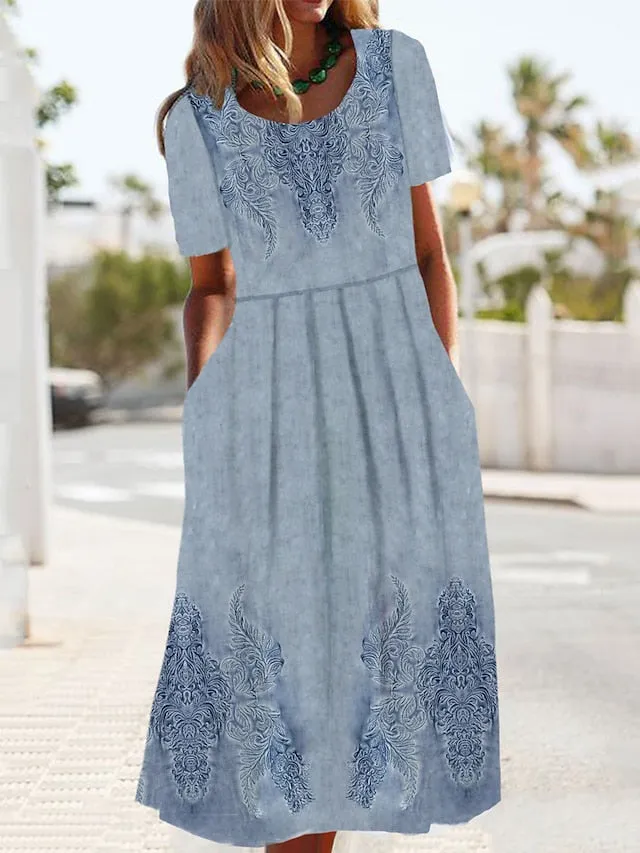 Women's Casual Dress Summer Dress Print Dress Floral Ombre Pocket Print Crew Neck Midi Dress Fashion Streetwear Outdoor Daily Short Sleeve Loose Fit Light Green Pink Blue Summer Spring S M L XL XXL
