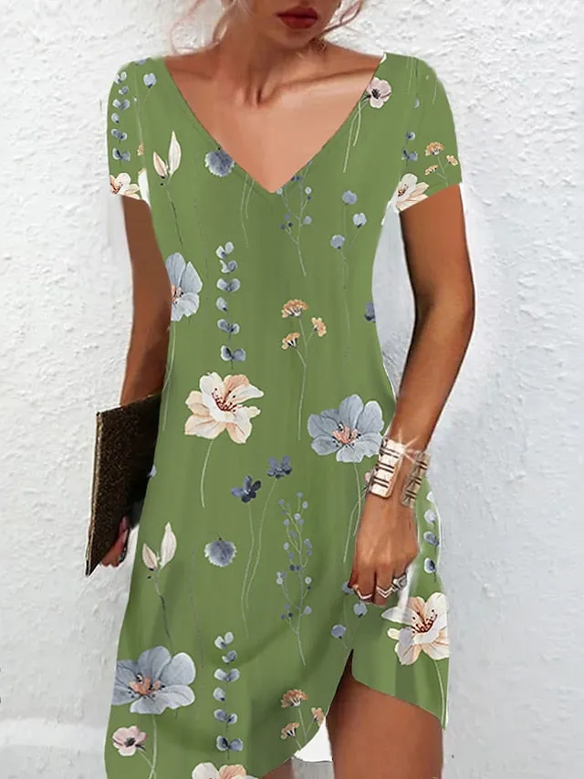 Women's Casual Dress Summer Dress Print Dress Floral Print V Neck Mini Dress Active Fashion Outdoor Daily Short Sleeve Regular Fit Black And White Olive Green Colourful Summer Spring S M L XL XXL