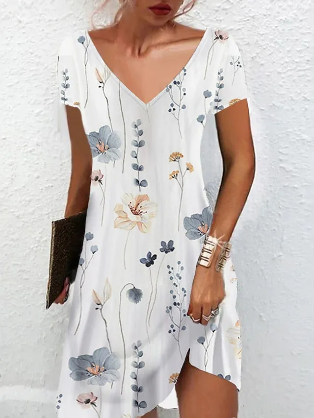 Women's Casual Dress Summer Dress Print Dress Floral Print V Neck Mini Dress Active Fashion Outdoor Daily Short Sleeve Regular Fit Black And White Olive Green Colourful Summer Spring S M L XL XXL