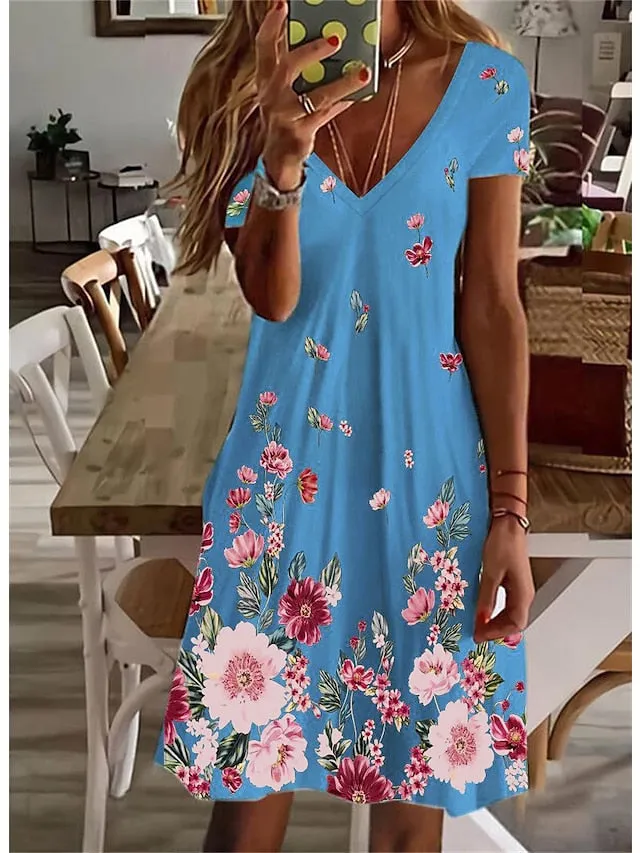 Women's Casual Dress Summer Dress Print Dress Floral Print V Neck Mini Dress Active Fashion Outdoor Daily Short Sleeve Regular Fit Black And White Olive Green Colourful Summer Spring S M L XL XXL