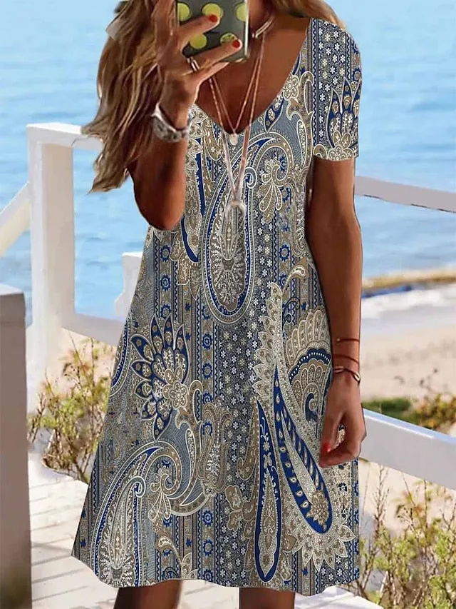 Women's Casual Dress Summer Dress Print Dress Floral Print V Neck Mini Dress Active Fashion Outdoor Daily Short Sleeve Regular Fit Black And White Olive Green Colourful Summer Spring S M L XL XXL