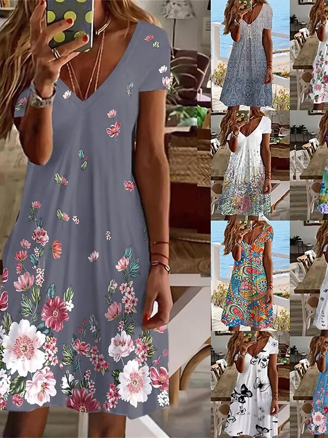 Women's Casual Dress Summer Dress Print Dress Floral Print V Neck Mini Dress Active Fashion Outdoor Daily Short Sleeve Regular Fit Black And White Olive Green Colourful Summer Spring S M L XL XXL