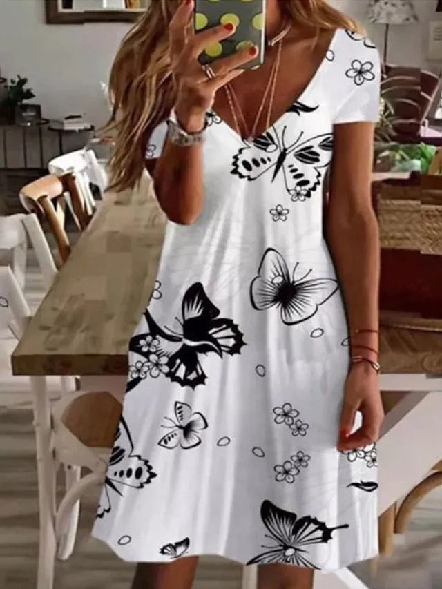 Women's Casual Dress Summer Dress Print Dress Floral Print V Neck Mini Dress Active Fashion Outdoor Daily Short Sleeve Regular Fit Black And White Olive Green Colourful Summer Spring S M L XL XXL