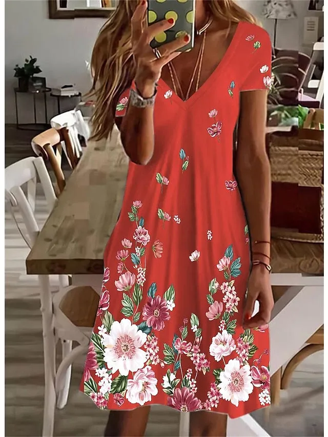 Women's Casual Dress Summer Dress Print Dress Floral Print V Neck Mini Dress Active Fashion Outdoor Daily Short Sleeve Regular Fit Black And White Olive Green Colourful Summer Spring S M L XL XXL