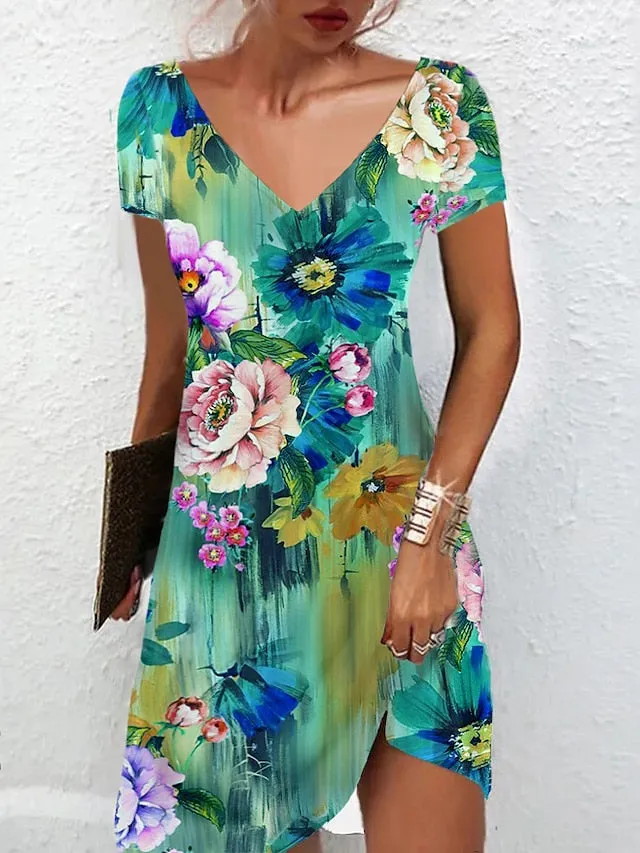 Women's Casual Dress Summer Dress Print Dress Floral Print V Neck Mini Dress Active Fashion Outdoor Daily Short Sleeve Regular Fit Black And White Olive Green Colourful Summer Spring S M L XL XXL