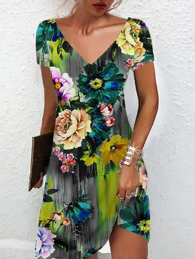 Women's Casual Dress Summer Dress Print Dress Floral Print V Neck Mini Dress Active Fashion Outdoor Daily Short Sleeve Regular Fit Black And White Olive Green Colourful Summer Spring S M L XL XXL