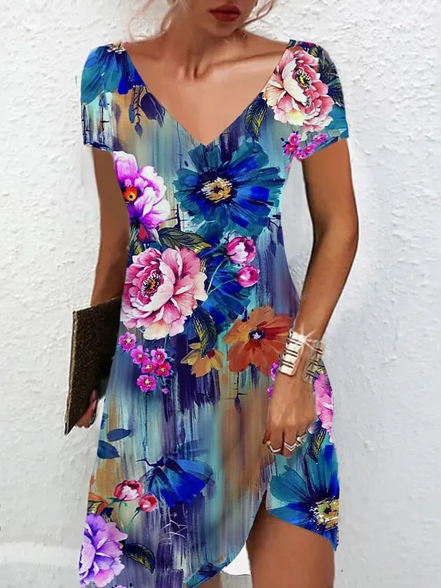Women's Casual Dress Summer Dress Print Dress Floral Print V Neck Mini Dress Active Fashion Outdoor Daily Short Sleeve Regular Fit Black And White Olive Green Colourful Summer Spring S M L XL XXL
