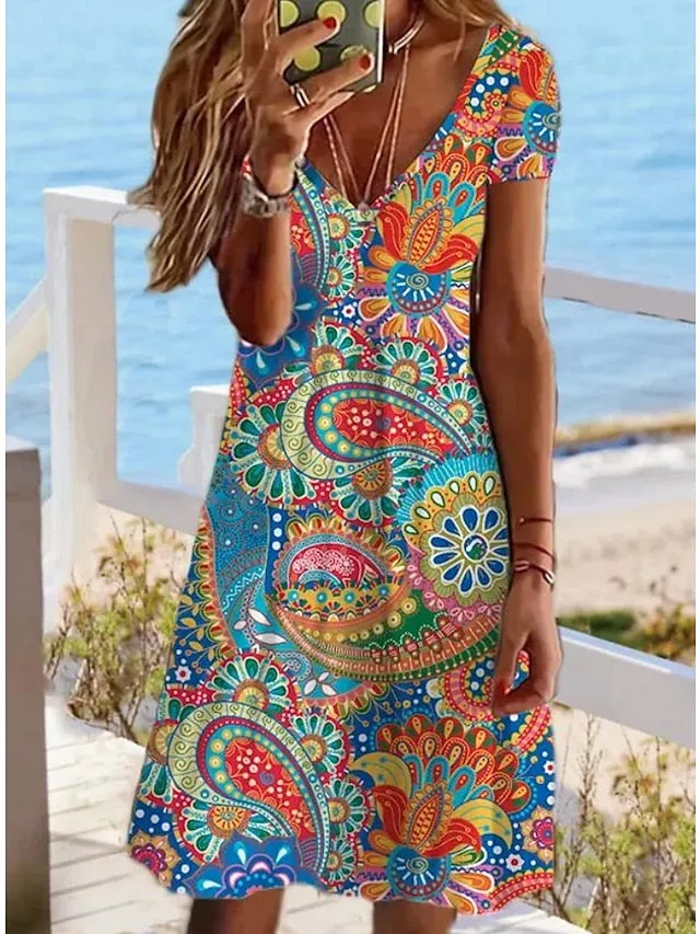 Women's Casual Dress Summer Dress Print Dress Floral Print V Neck Mini Dress Active Fashion Outdoor Daily Short Sleeve Regular Fit Black And White Olive Green Colourful Summer Spring S M L XL XXL