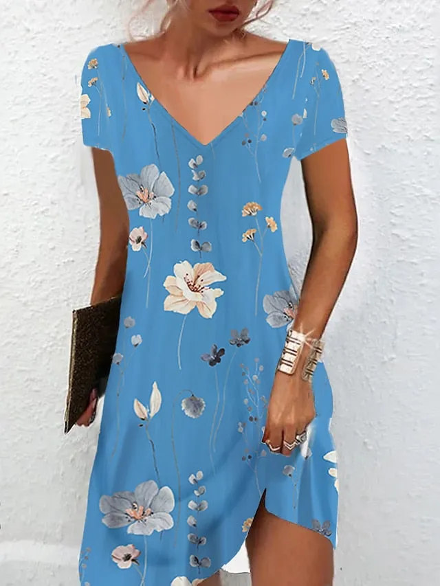 Women's Casual Dress Summer Dress Print Dress Floral Print V Neck Mini Dress Active Fashion Outdoor Daily Short Sleeve Regular Fit Black And White Olive Green Colourful Summer Spring S M L XL XXL