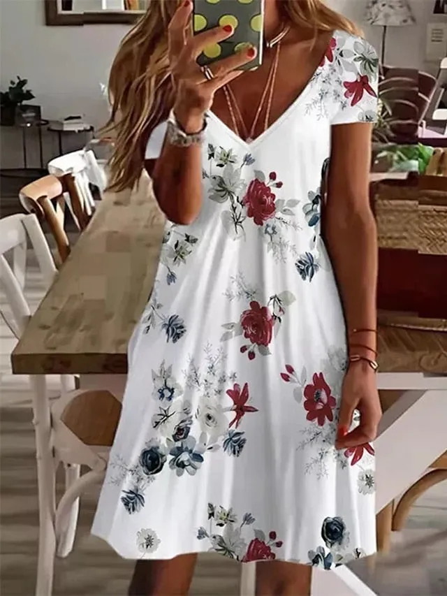 Women's Casual Dress Summer Dress Print Dress Floral Print V Neck Mini Dress Active Fashion Outdoor Daily Short Sleeve Regular Fit Black And White Olive Green Colourful Summer Spring S M L XL XXL