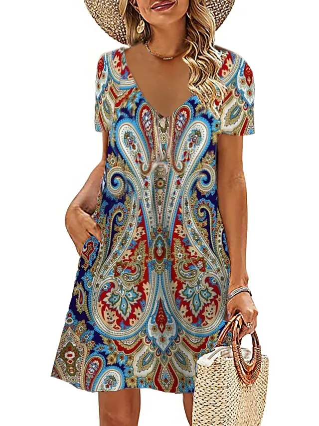 Women's Casual Dress Summer Dress Print Dress Floral Print V Neck Mini Dress Active Fashion Outdoor Daily Short Sleeve Regular Fit Black And White Olive Green Colourful Summer Spring S M L XL XXL