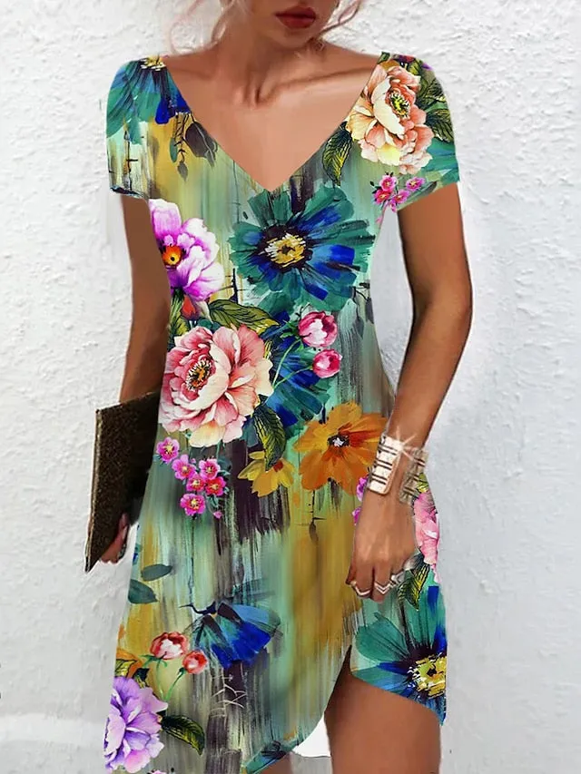 Women's Casual Dress Summer Dress Print Dress Floral Print V Neck Mini Dress Active Fashion Outdoor Daily Short Sleeve Regular Fit Black And White Olive Green Colourful Summer Spring S M L XL XXL