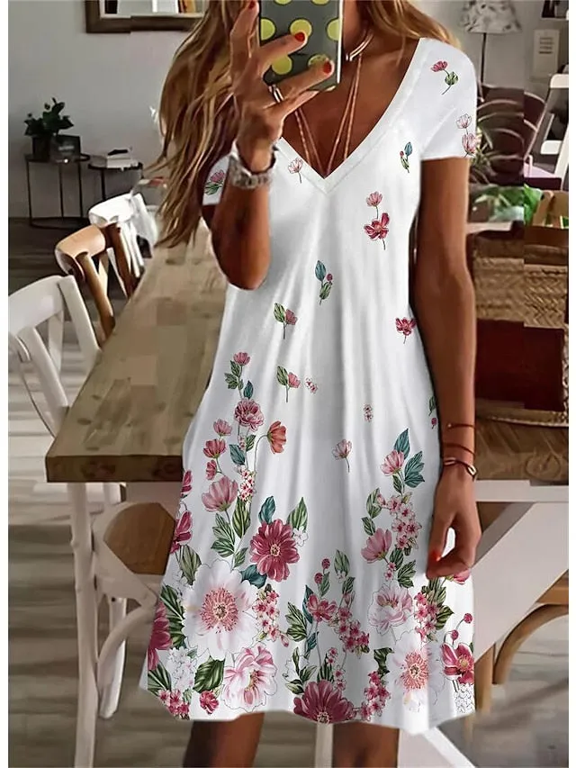 Women's Casual Dress Summer Dress Print Dress Floral Print V Neck Mini Dress Active Fashion Outdoor Daily Short Sleeve Regular Fit Black And White Olive Green Colourful Summer Spring S M L XL XXL