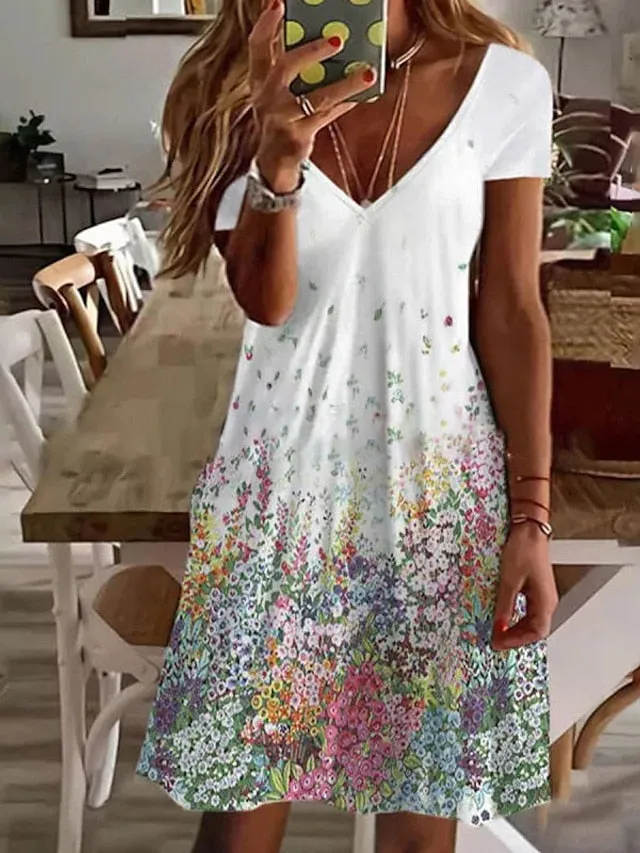 Women's Casual Dress Summer Dress Print Dress Floral Print V Neck Mini Dress Active Fashion Outdoor Daily Short Sleeve Regular Fit Black And White Olive Green Colourful Summer Spring S M L XL XXL