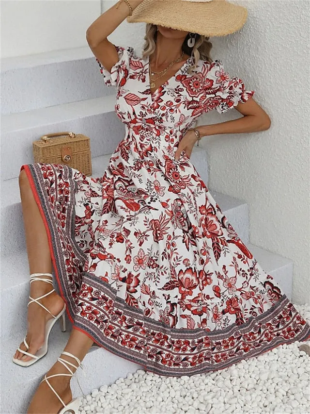 Women's Casual Dress Summer Dress Print Dress Floral Ruched Print V Neck Puff Sleeve Midi Dress Active Fashion Outdoor Street Short Sleeve Loose Fit Black Red Blue Summer Spring S M L XL XXL