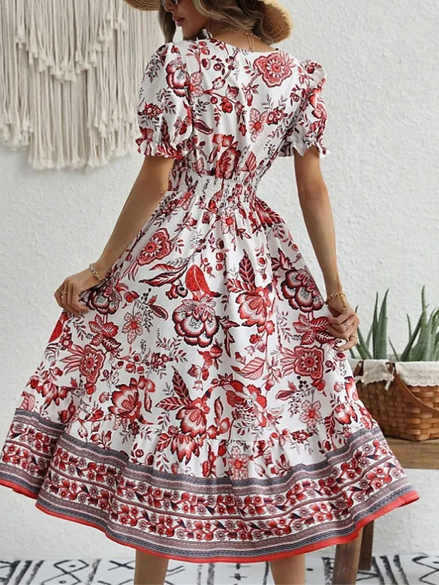 Women's Casual Dress Summer Dress Print Dress Floral Ruched Print V Neck Puff Sleeve Midi Dress Active Fashion Outdoor Street Short Sleeve Loose Fit Black Red Blue Summer Spring S M L XL XXL