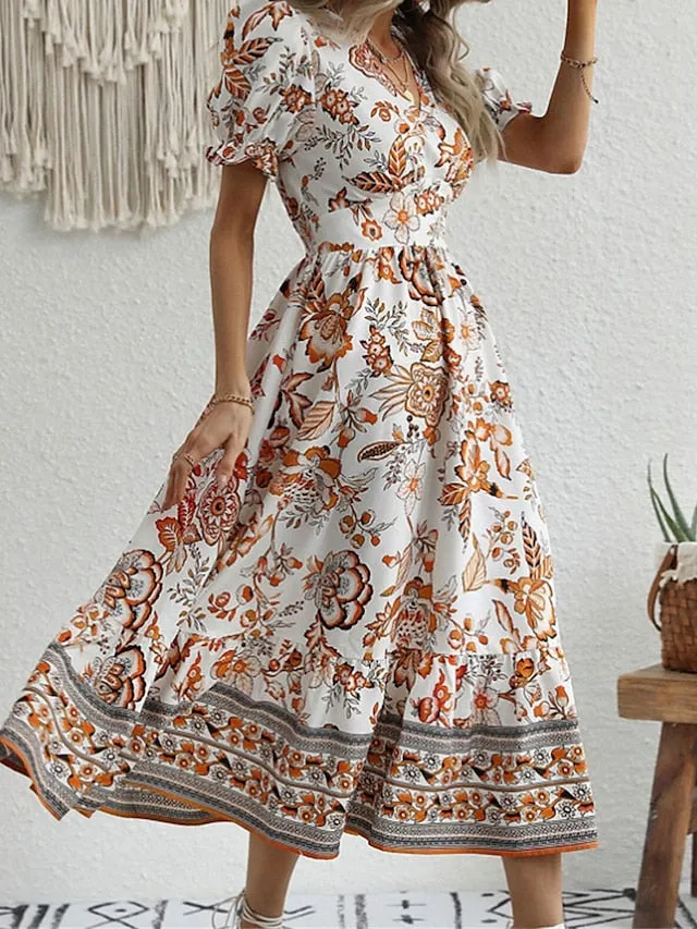 Women's Casual Dress Summer Dress Print Dress Floral Ruched Print V Neck Puff Sleeve Midi Dress Active Fashion Outdoor Street Short Sleeve Loose Fit Black Red Blue Summer Spring S M L XL XXL