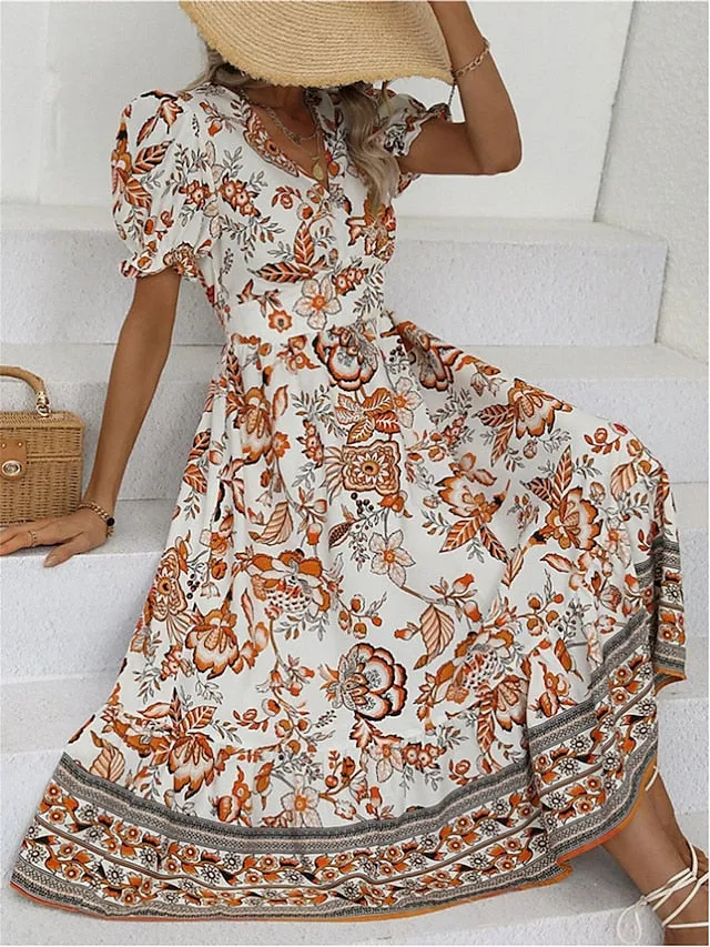 Women's Casual Dress Summer Dress Print Dress Floral Ruched Print V Neck Puff Sleeve Midi Dress Active Fashion Outdoor Street Short Sleeve Loose Fit Black Red Blue Summer Spring S M L XL XXL