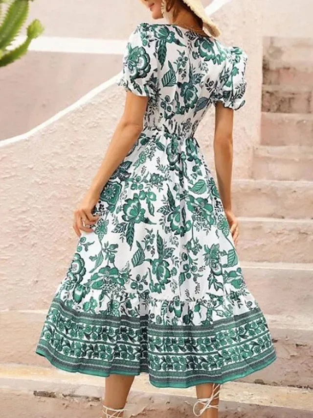 Women's Casual Dress Summer Dress Print Dress Floral Ruched Print V Neck Puff Sleeve Midi Dress Active Fashion Outdoor Street Short Sleeve Loose Fit Black Red Blue Summer Spring S M L XL XXL