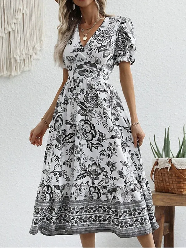 Women's Casual Dress Summer Dress Print Dress Floral Ruched Print V Neck Puff Sleeve Midi Dress Active Fashion Outdoor Street Short Sleeve Loose Fit Black Red Blue Summer Spring S M L XL XXL