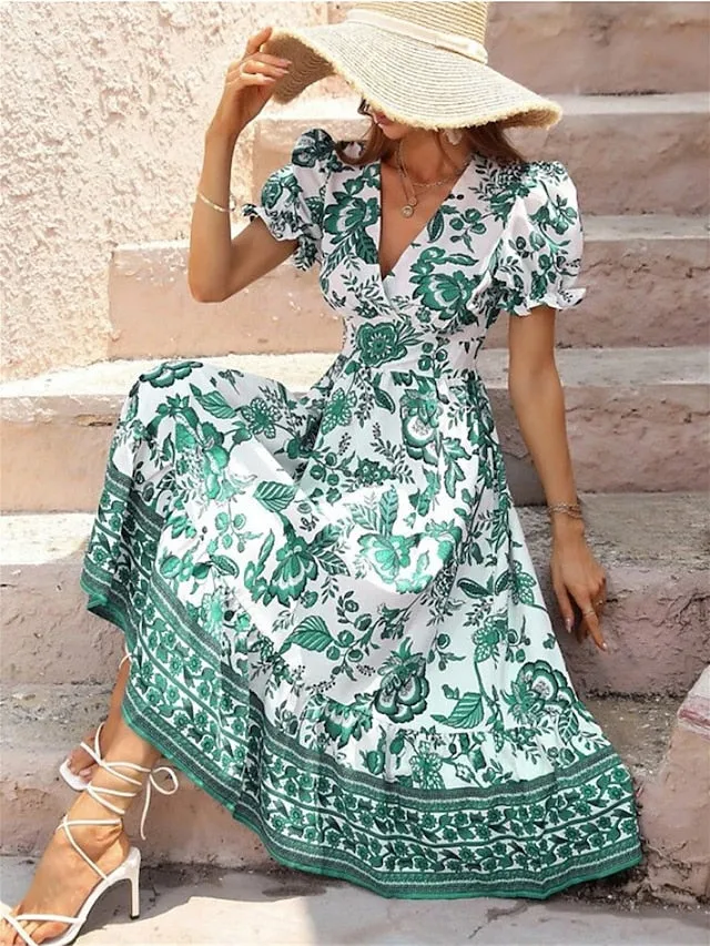 Women's Casual Dress Summer Dress Print Dress Floral Ruched Print V Neck Puff Sleeve Midi Dress Active Fashion Outdoor Street Short Sleeve Loose Fit Black Red Blue Summer Spring S M L XL XXL