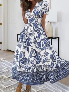 Women's Casual Dress Summer Dress Print Dress Floral Ruched Print V Neck Puff Sleeve Midi Dress Active Fashion Outdoor Street Short Sleeve Loose Fit Black Red Blue Summer Spring S M L XL XXL