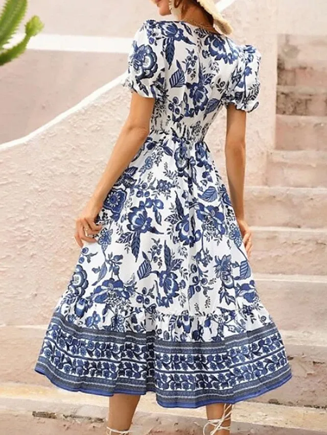 Women's Casual Dress Summer Dress Print Dress Floral Ruched Print V Neck Puff Sleeve Midi Dress Active Fashion Outdoor Street Short Sleeve Loose Fit Black Red Blue Summer Spring S M L XL XXL