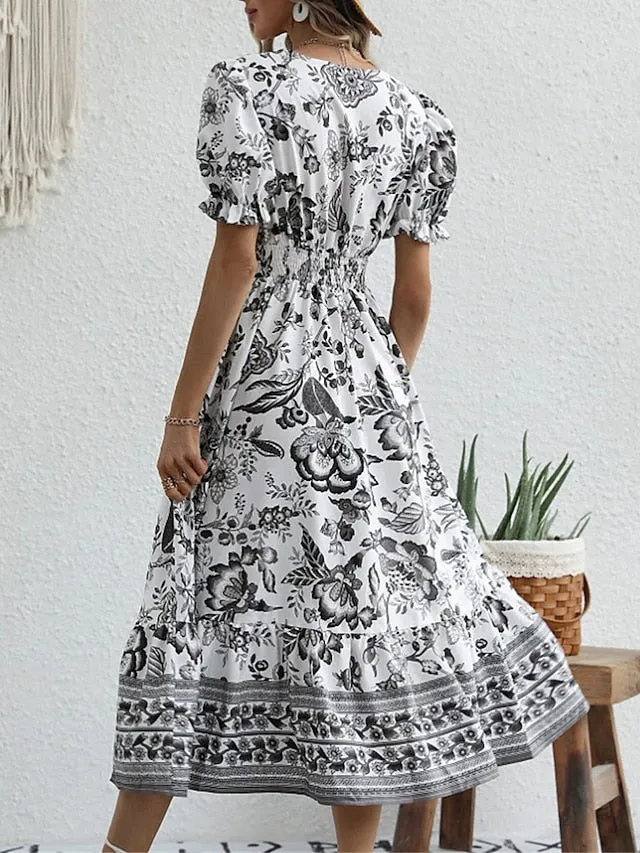 Women's Casual Dress Summer Dress Print Dress Floral Ruched Print V Neck Puff Sleeve Midi Dress Active Fashion Outdoor Street Short Sleeve Loose Fit Black Red Blue Summer Spring S M L XL XXL