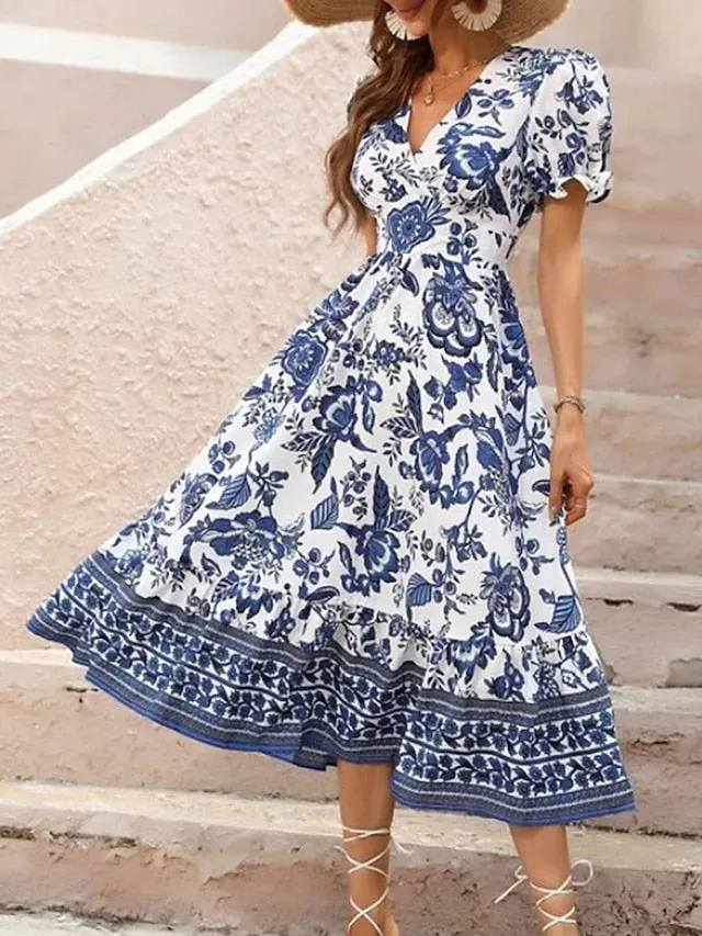 Women's Casual Dress Summer Dress Print Dress Floral Ruched Print V Neck Puff Sleeve Midi Dress Active Fashion Outdoor Street Short Sleeve Loose Fit Black Red Blue Summer Spring S M L XL XXL